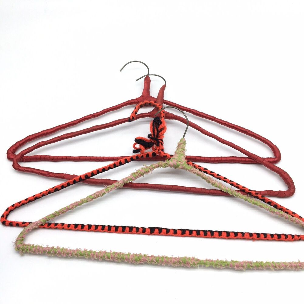 4 Vtg Colorful Yarn Ribbon Covered Granny Clothes Hangers Red Satin Pink Green